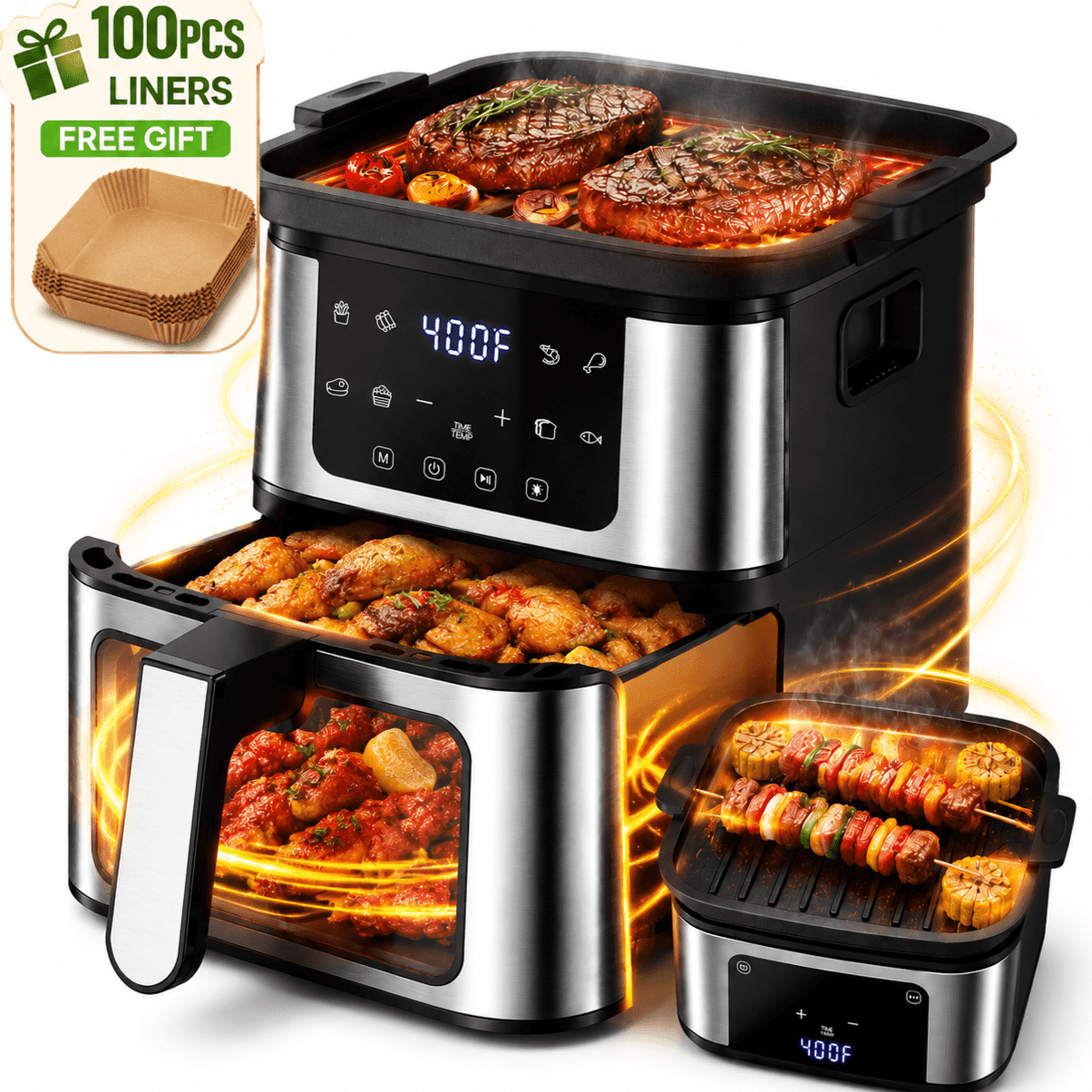 7.5 QT Air Fryer, 8-in-1 Air Fryer Oven with Grill Plate, Digital LED Touch Screen, Visible Window with Interior Light, Large Capacity Air Fryer with Presets, 95% Less Oil, Nonstick Basket Black