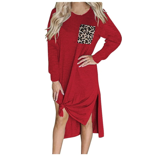 Longue Robe pour Femmes Mode Décontractée Femmes Robe à Imprimé Léopard avec Poches Robe Patchwork Manches Longues Robe Décontractée Robe à Imprimé Léopard pour Femmes Robe avec Manches pour Femmes Robe Décontractée pour Femmes