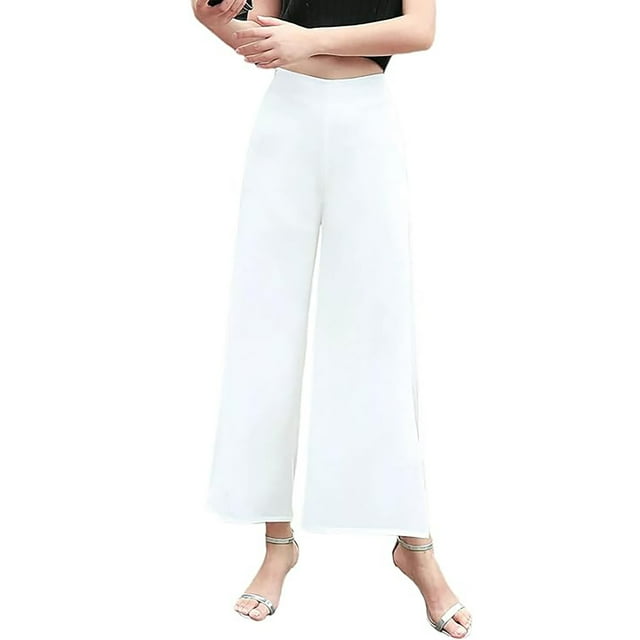 Pantalones acampanados de gasa de cintura alta para mujer: parte trasera elástica, cremallera lateral, tejido fluido, para bodas y cócteles