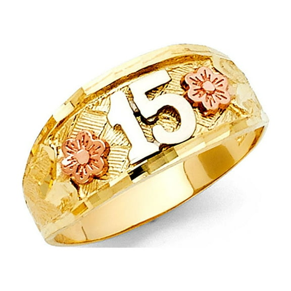Quinceanera 15 Flower Band Ring Solid 14k Yellow White Rose Gold Tapered Diamond Cut Fancy 8MM Size 7