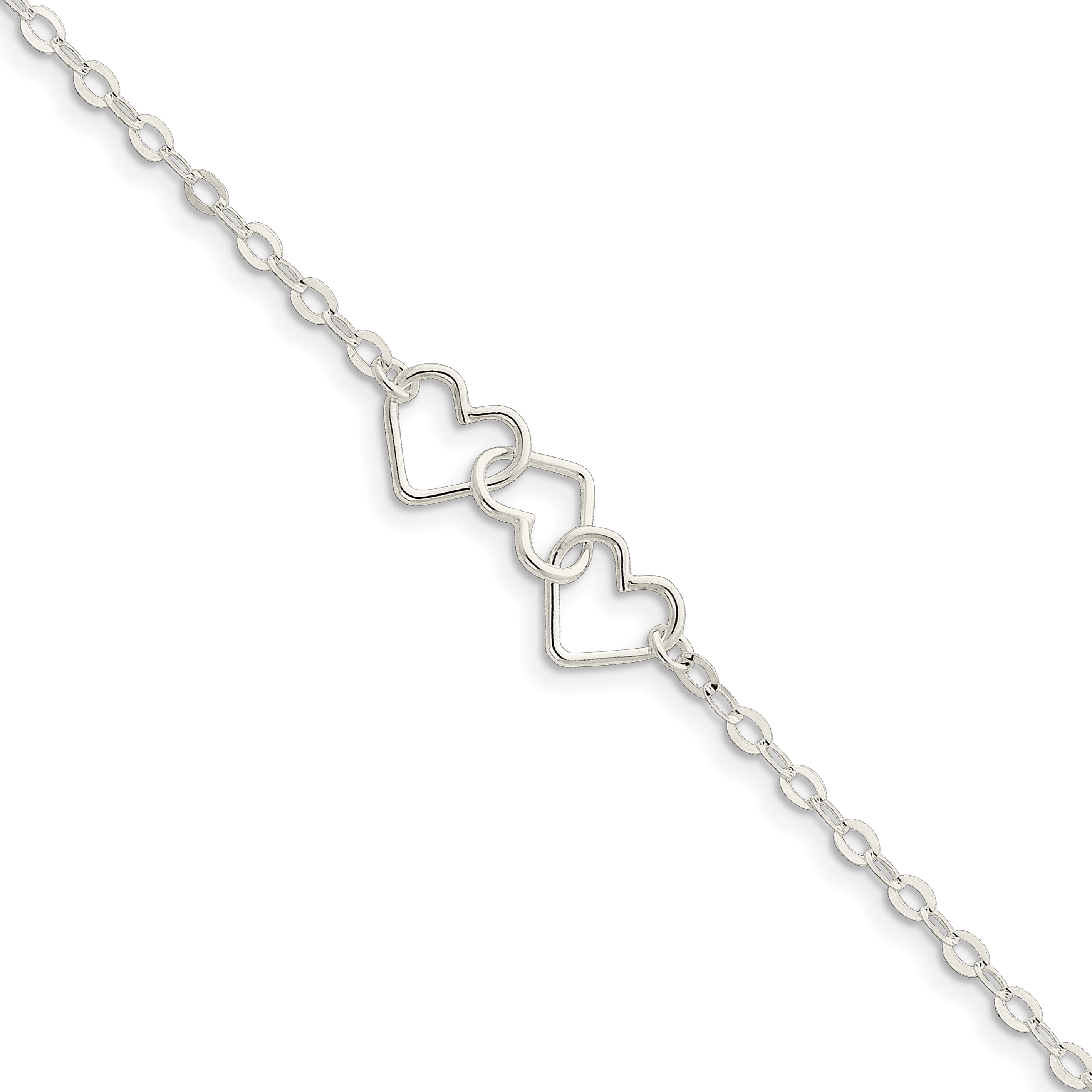 Solid .925 Sterling Silver 10inch Solid Polished Fancy Heart Link Anklet 