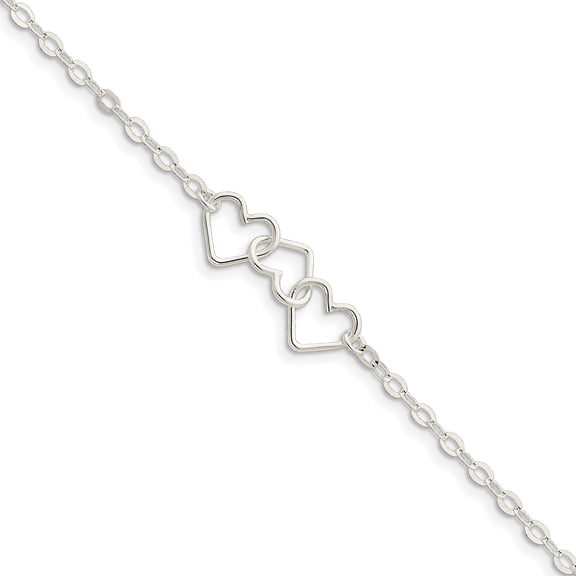 Sterling Silver 9inch Solid Polished Fancy Heart Link Anklet QG1255