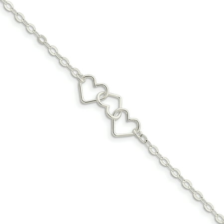 Sterling Silver 9inch Solid Polished Fancy Heart Link Anklet QG1255
