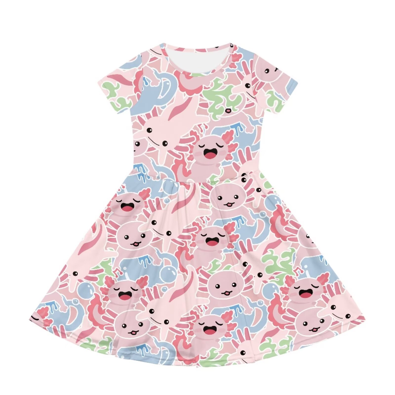 Uourmeti Axolotl Toddler Girls Dresses Summer Cute Short Sleeve Swing Dress Casual Loose Crewneck Knee A-Line Dresses with Pockets Sundresses