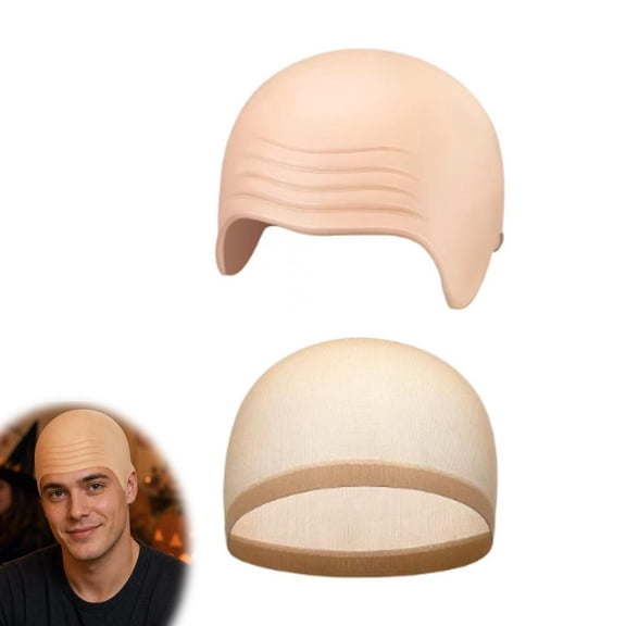 Halloween Bald Cap Costume, Realistic Silicone Bald Head Wig for Adults, Cosplay Prop, Beige, 1 Set