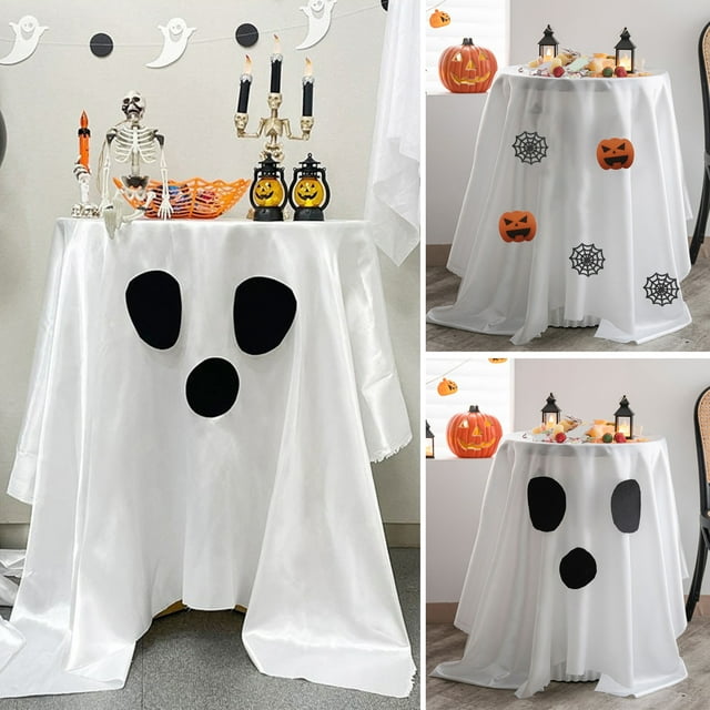 Halloween Ghost Tablecloth White And Black Ghostly Tablecloth Fun And Spooky Dining Table Accessory for Parties Candy Buffet Photo Backdrops