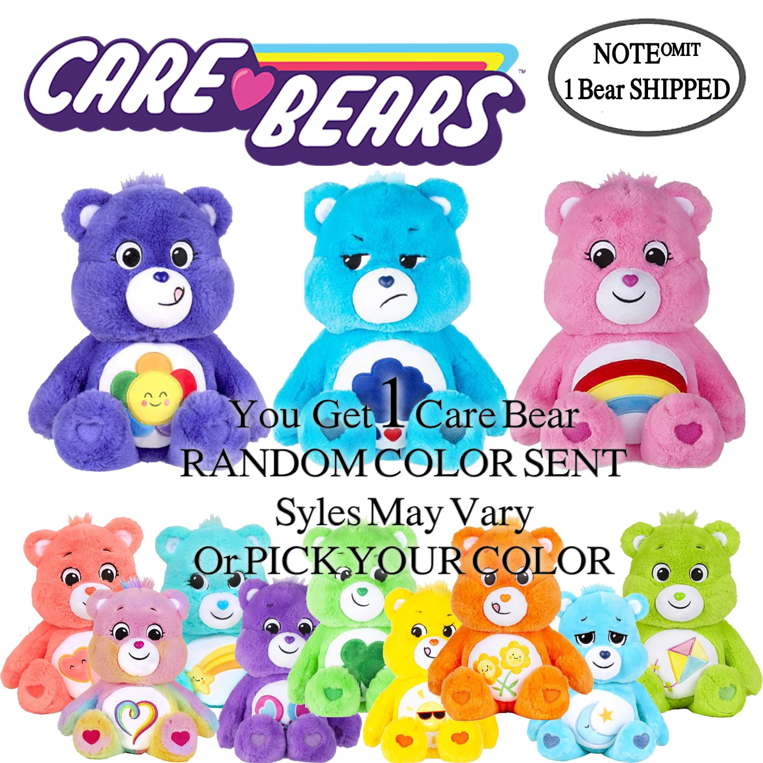 9" Care Bears Togetherness Bear Stuffed Bean Plush Rainbow Heart Colors Vary 