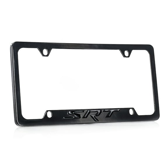 SRT wordmark black on black solid metal license plate frame holder
