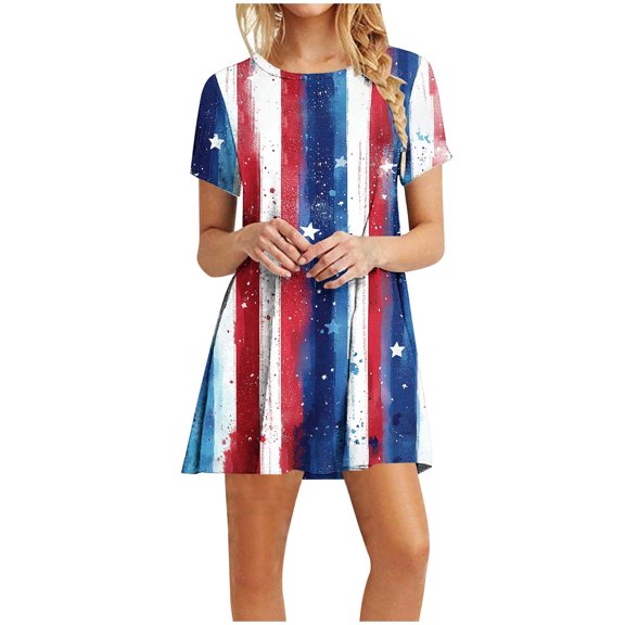 Cagogo Women's Casual 2025 American Flag Wedding Guest Dresses Under $5 Summer Short Sleeve Red White and Blue 4th of July Patriotic Sundress Boho White Work Dresses