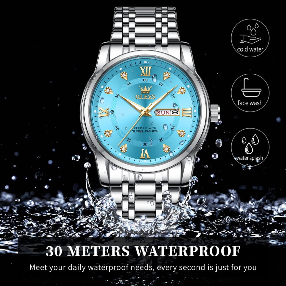 OLEVS Watches for Men Classic Business Dress Analog Quartz Stainless Steel Waterproof Luminous Date Diamond Mens Wrist Watches Relojes De Hombre,Gold/Blue/Black Dial