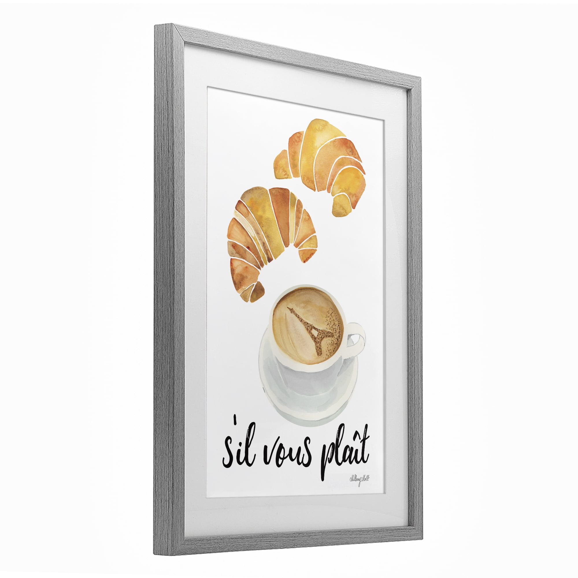 Stupell Industries Paris Croissant and Coffee Gray Framed Print Under Glass, design by Hillary Holt