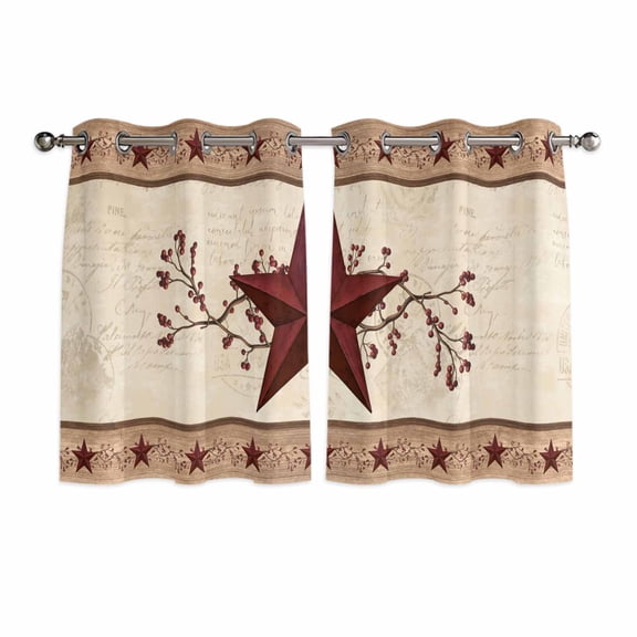 Red Texas Star Rustic Kitchen Curtains Window Panels, Farmhouse Berry Brown Wooden Insulated Window Treatment Curtain, Grommet Curtains for Bedroom/Living Room/Bathroom, 2 Piece 42"Wx45"L