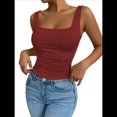 thumbnail image 3 of Camiseta Básica de Verano Sin Mangas con Cuello Cuadrado y Fruncido para Mujer. Vino Tinto M, 3 of 9