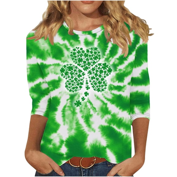 Blouses for Women Plus Size,Tie Dye St Patricks Day Shirt Women Irish Shamrock 3/4 Sleeve Tops Saint Patricks Day Green Clover Tshirts