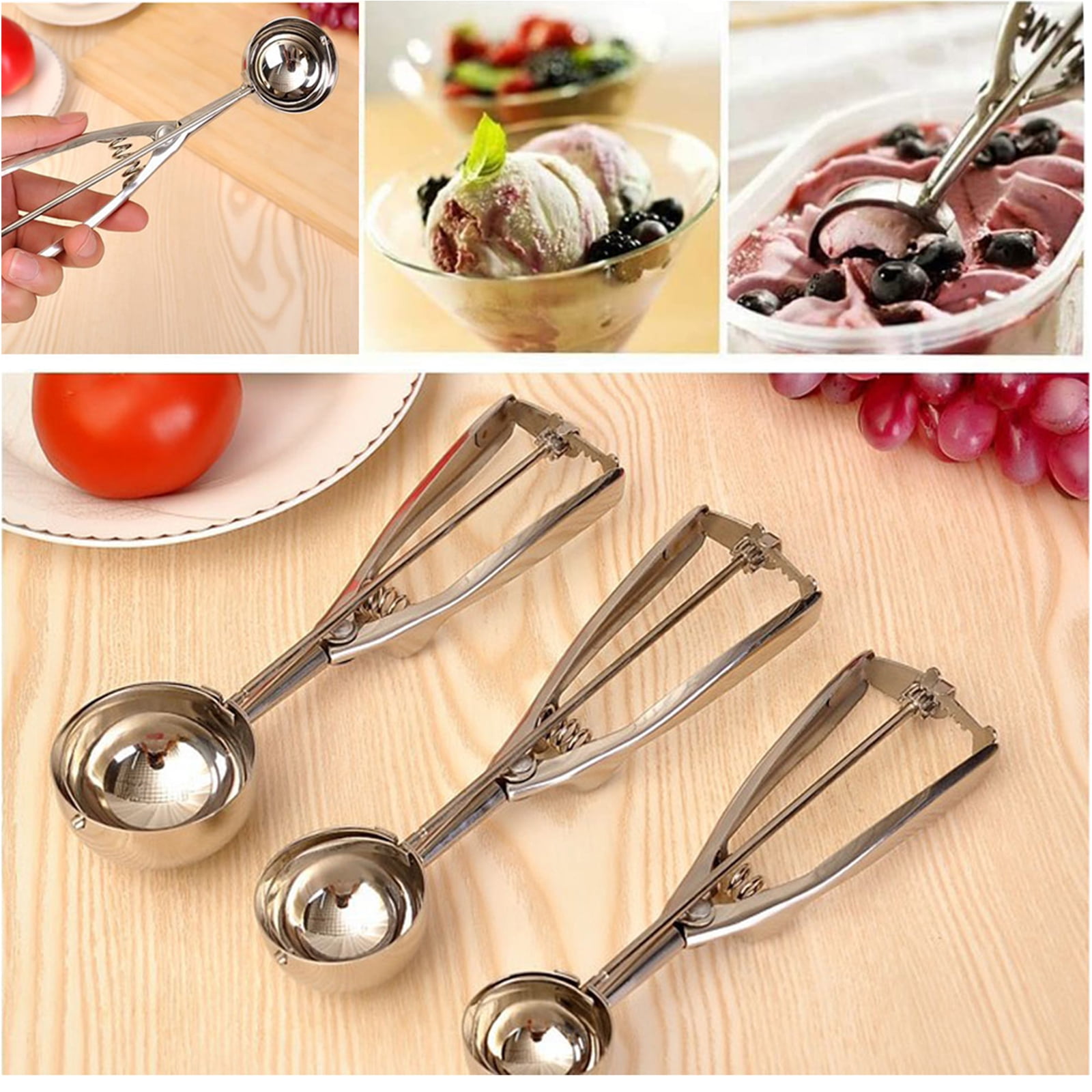 Stainless Steel , Polished, 3 Pieces Different Sizes Small 4cm, Medium 5cm  Large 6cm Ice Cream Spoon With Ejector, R