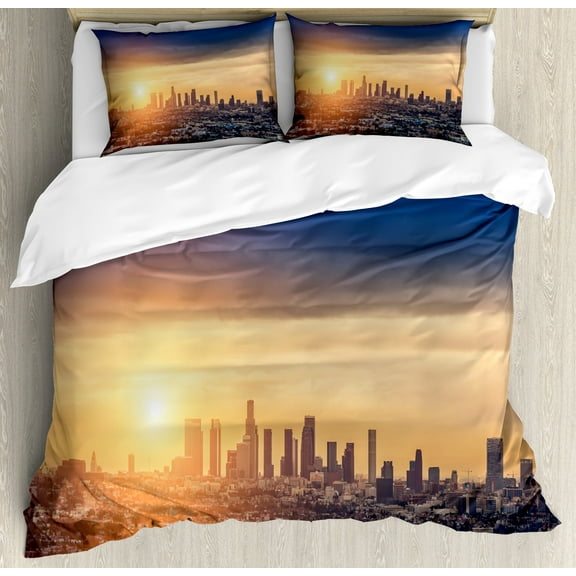City Duvet Cover Set, Sunrise at Los Angeles Urban Architecture Tranquil Scenery Majestic Sky, Decorative 3 Piece Bedding Set with 2 Pillow Shams, Calking Size, Navy Blue Apricot Ivory, by Ambesonne