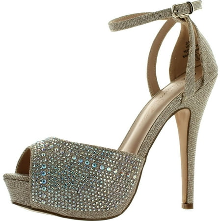

Blossom Womens VICE-126 Bridal Formal Evening Party Ankle Strap High Heel Peep Toe Glitter Sandal Nude 6