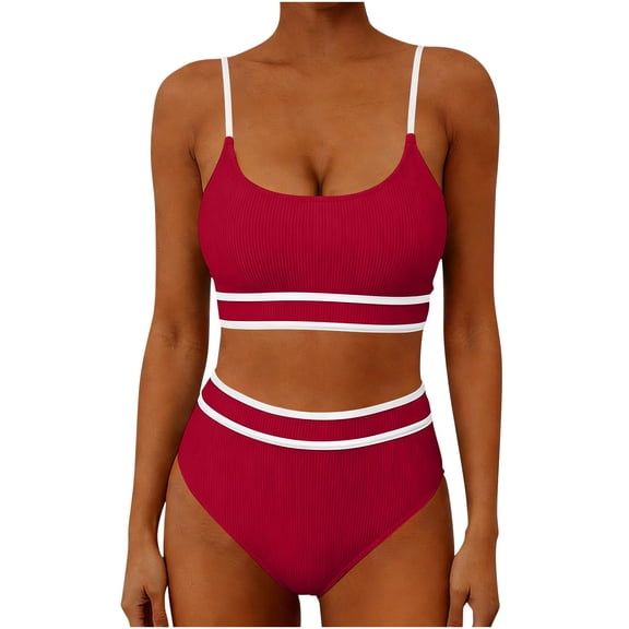 Mifsaly High Waisted Bikini Sets for Women Ribbed Bathing Suit Scoop Neck Bikini Top & Striped Waistband Bikini Bottoms Summer Beach Vacation Athletic Swimwear S