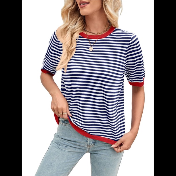 Suéteres Casuales de Verano para Mujer, con Cuello Redondo, Corta, A Rayas, de Punto con Bloques de Color, de Corte Alto y Moderno Azul Marino Rojo M
