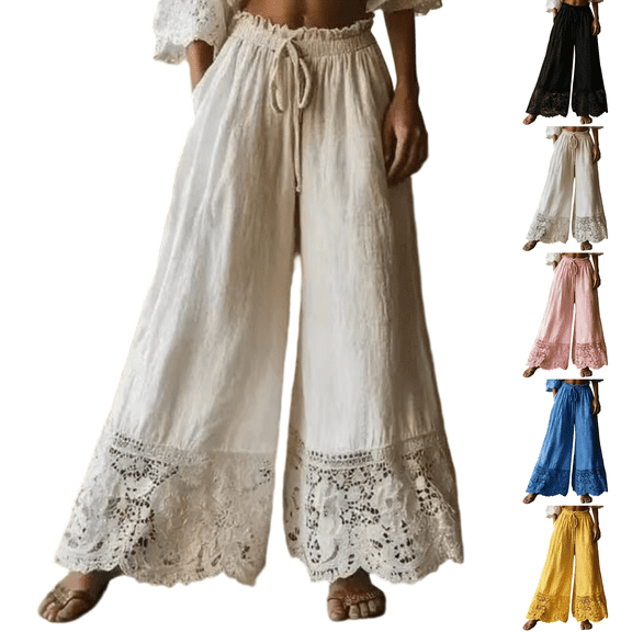 Womens Cotton Linen Lace Trim Pants Summer Boho Elastic Waist Wide Leg Palazzo Pants Flowy Pull on Vacation Beach Pants White 2XL