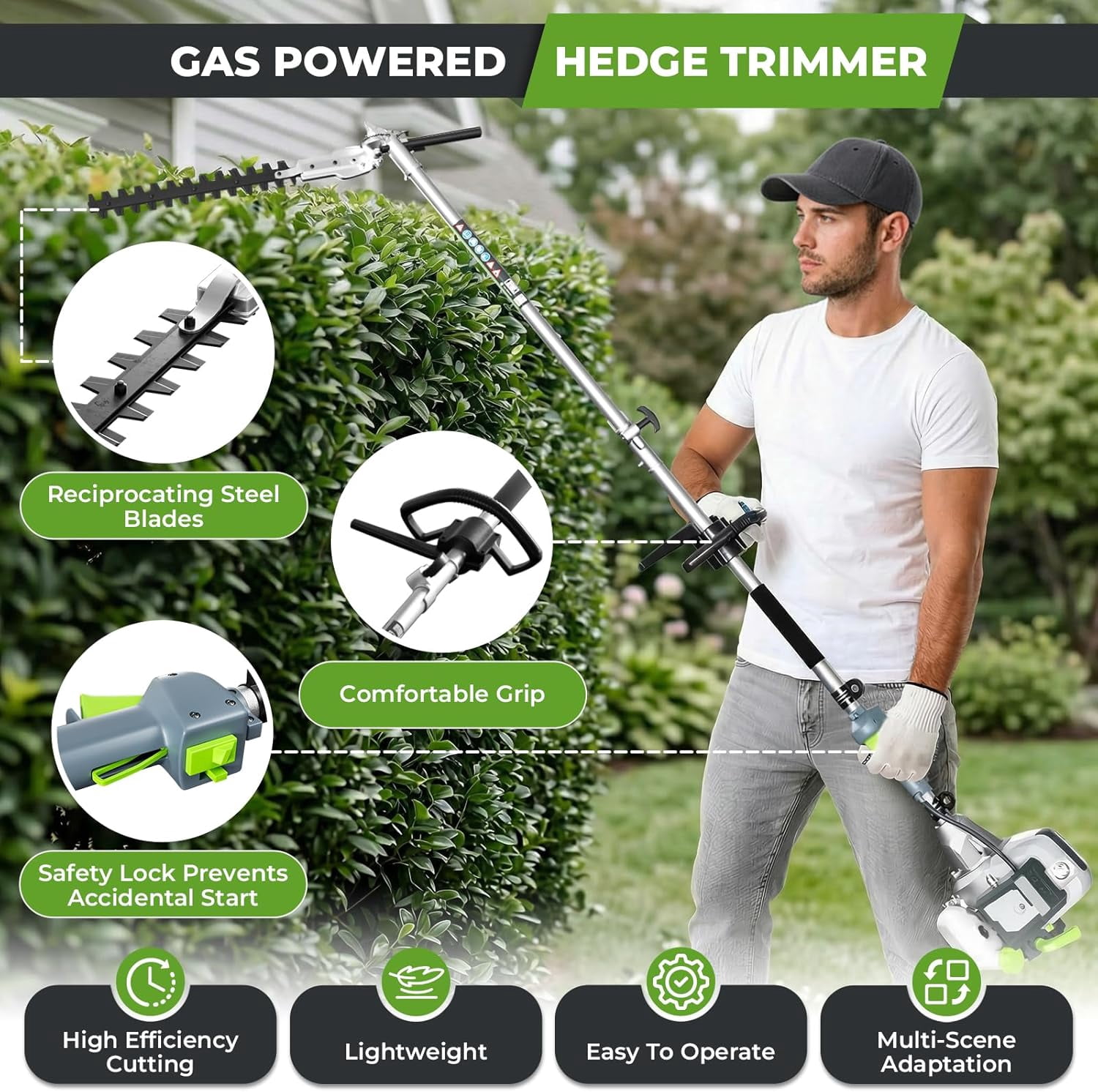 52CC 2-Stroke Gasoline-Powered Hedge Trimmer with 17-inch blades, a garden trimming tool for tree pruning and branch cutting.