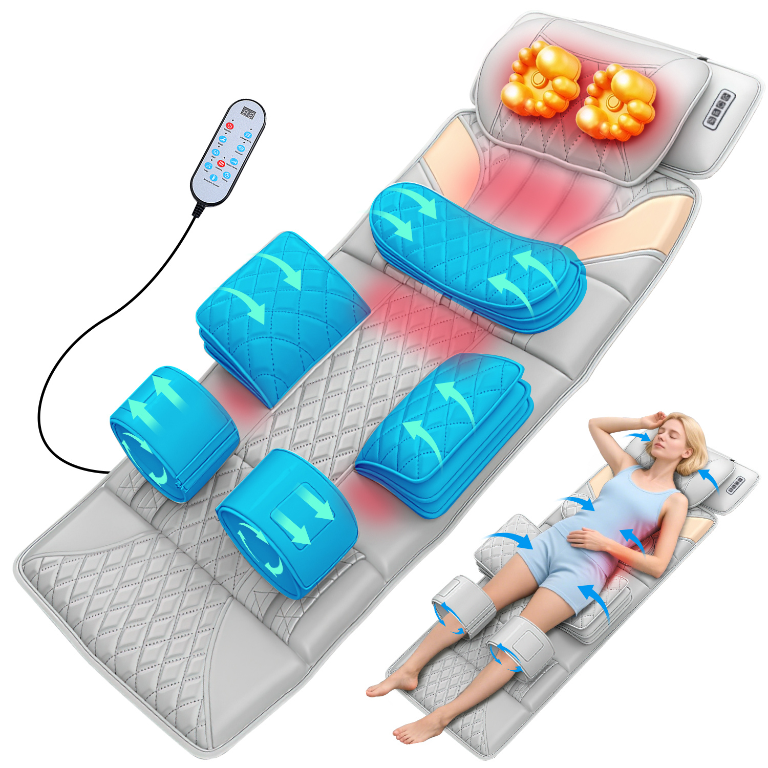 Airbag Massage Mat with Heat & Kneading, 4 Zone Shiatsu Massager for Full Body, Foldable Mattress with Remote, Vibration Massage Pad for Back Neck Hip Leg Relief, Home Office Use