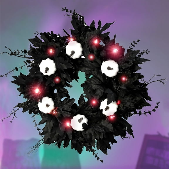 Halloween Wreaths Decoration for Front Door,Black Maple Pumpkin Wreath Decor with Lights,Fall Artificial Flower Wreath for Halloween Thanksgiving Wall,Window,Indoor Outdoor Halloween Home Decoration