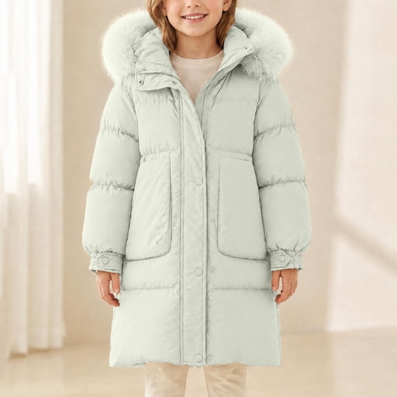 WMTBSRSW Girls Long Hooded Puffer Coat Faux Fur Collar Zip Up Quilted Jackets Lightweight Winter Warm Mid Length Coat for Kids 7-15 Years