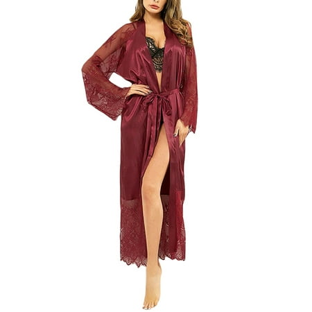

FEIWO Women Lingerie Ladies Sexy Bathrobe Lace Silk Kimono Cardigan Robe Sleepwear Nightwear Long Wrap Dressing Gown Wine Red 2XL