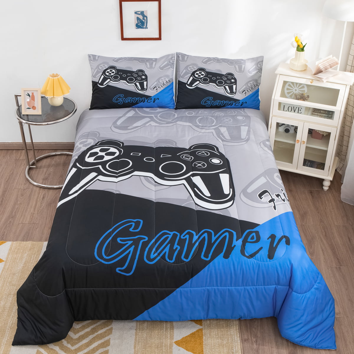 きれい Teens Video Games Down Comforter 3D Headset Headphones Gamepad Bedding  Set Kids Boys Music Themed Gamer Comforter/Quilt Set Gaming Controller  Bedsp