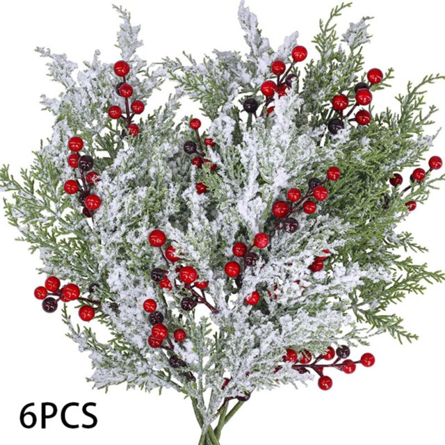6Pcs Christmas Snowy Artificial Cedar Picks Stems Berry Branches Set Frosted Faux Cedar Spray Christmas Cedar Red Berry Picks for Holiday Decorations Winter Season Crafts Home Wedding