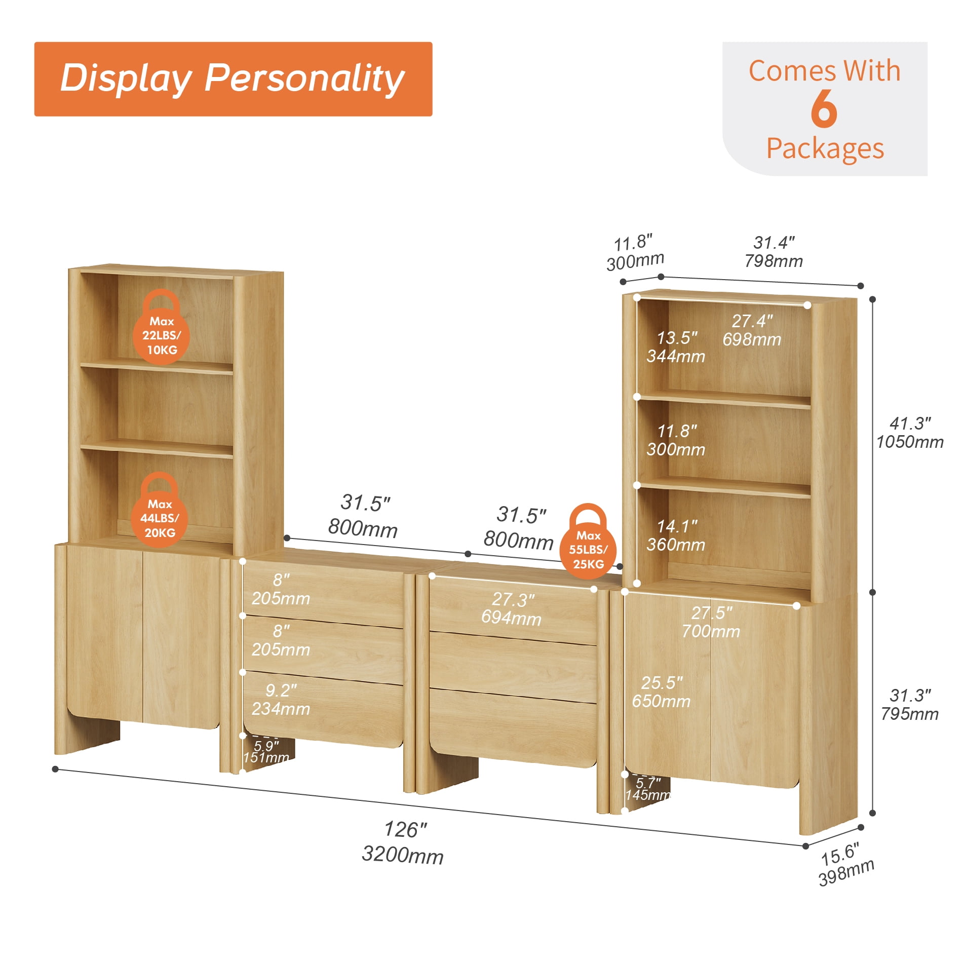 Modern French TV Stand with Bookshelves, 126-Inch Media Console, Doors, Drawers and Open Shelving, Supports TVs up to 70 Inches, Oak