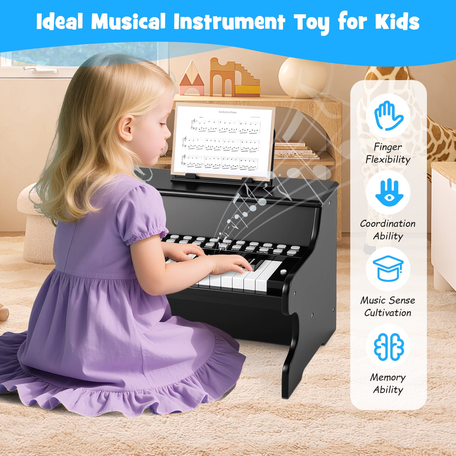 Gymax 25 Keys Digital Piano w/Music Stand Teaching Mode Lighted Keys 6 Instruments Black