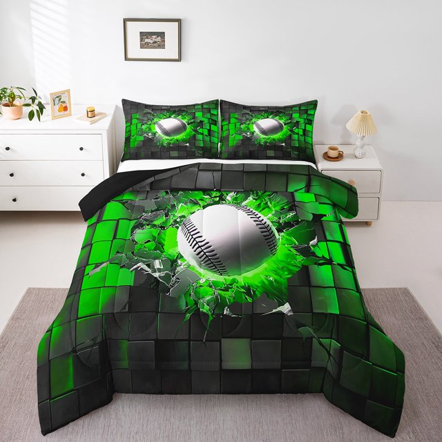 Erosebridal Baseball Bedding Full Comforter Set for Boys,Rectangle Geometric Down Comforter,Sport Room Decor,3-Piece