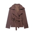 thumbnail image 2 of Women's Short Lapel Trench Jackets - Belted Waist Button Long Sleeve Coat Tops - Lightweight Windbreaker with Pockets, 2 of 7