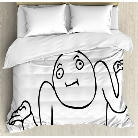 Humor Decor King Size Duvet Cover Set, Whatever Guy Meme Confusion Gesture Label Creative Drawing Rage Makers Design, Decorative 3 Piece Bedding Set with 2 Pillow Shams, Black White, by (Best Rage Comic Maker App)
