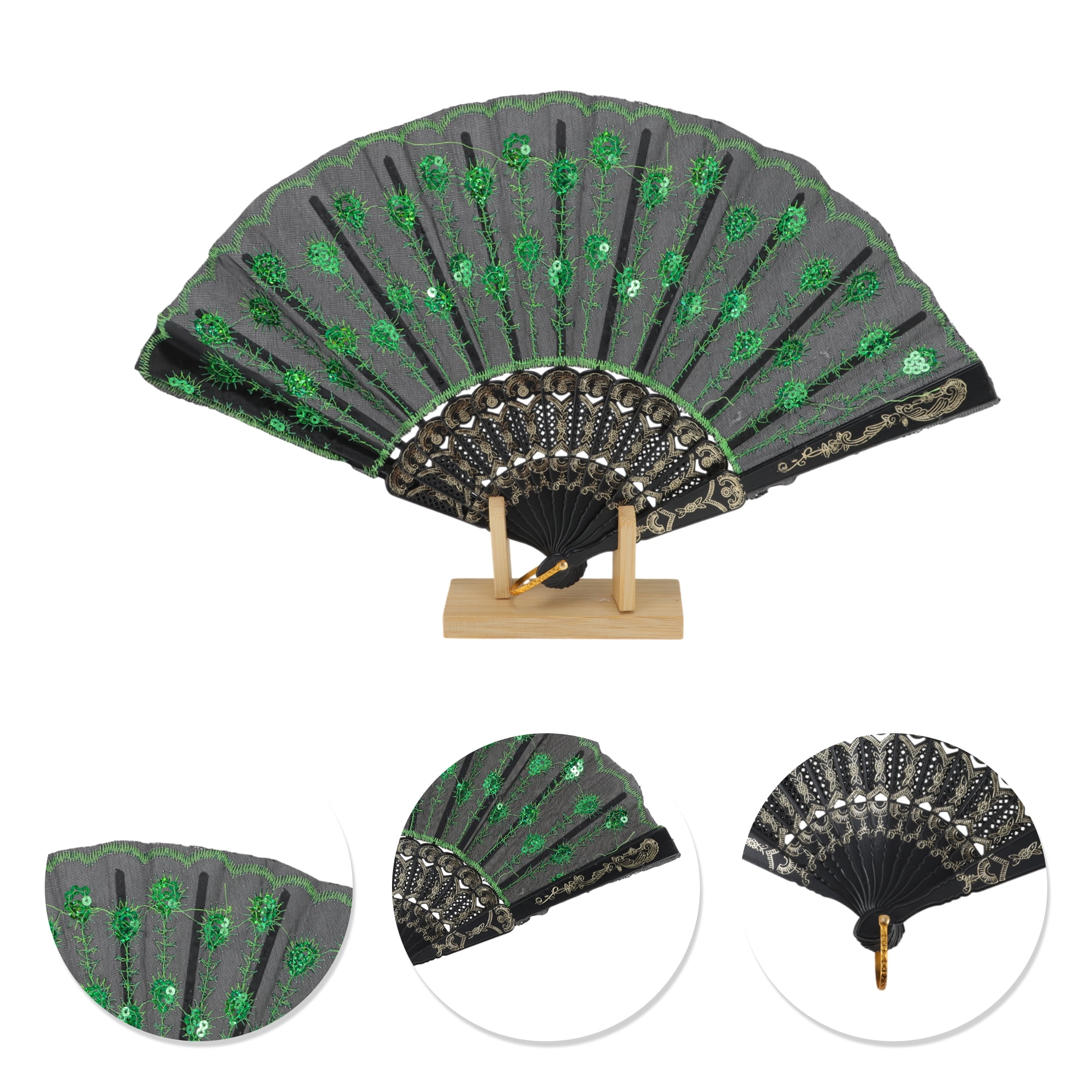 Unique Bargains Beautiful Sequins Folding Fan 1 Pc Green