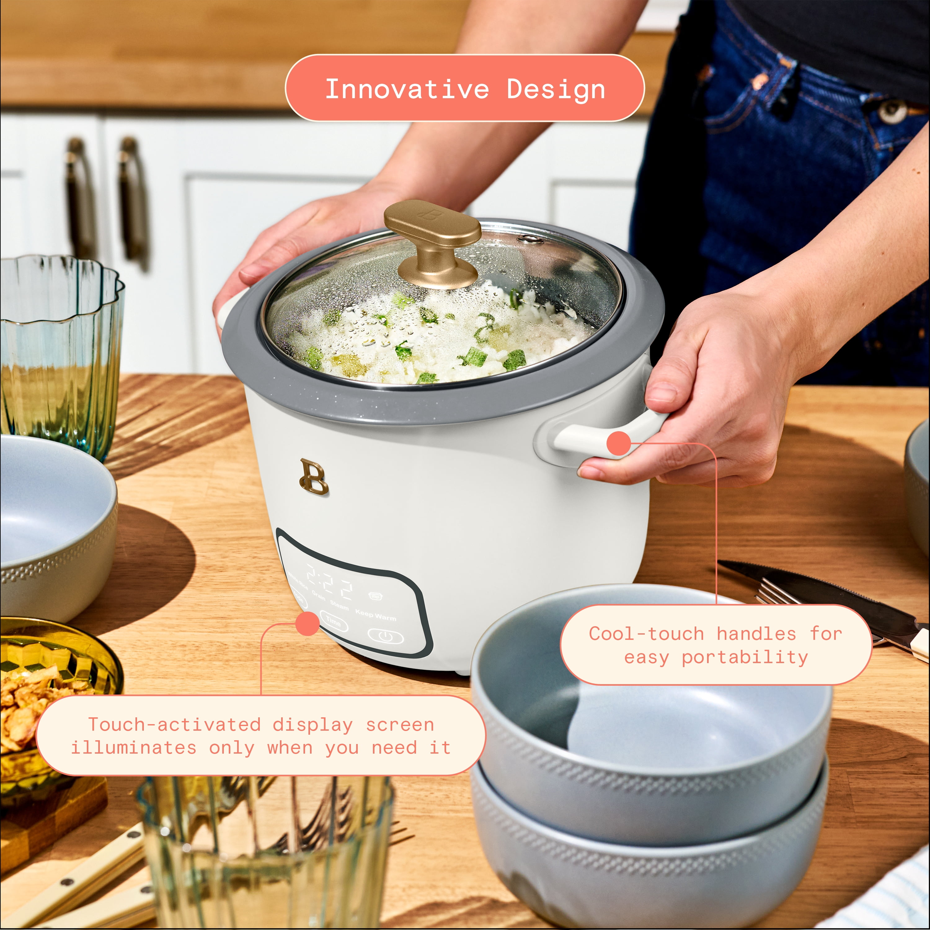 Beautiful 6-Cup Cooked, 3-Cup Uncooked Digital Electric Rice and Grain Cooker with Glass Lid, White Icing by Drew Barrymore