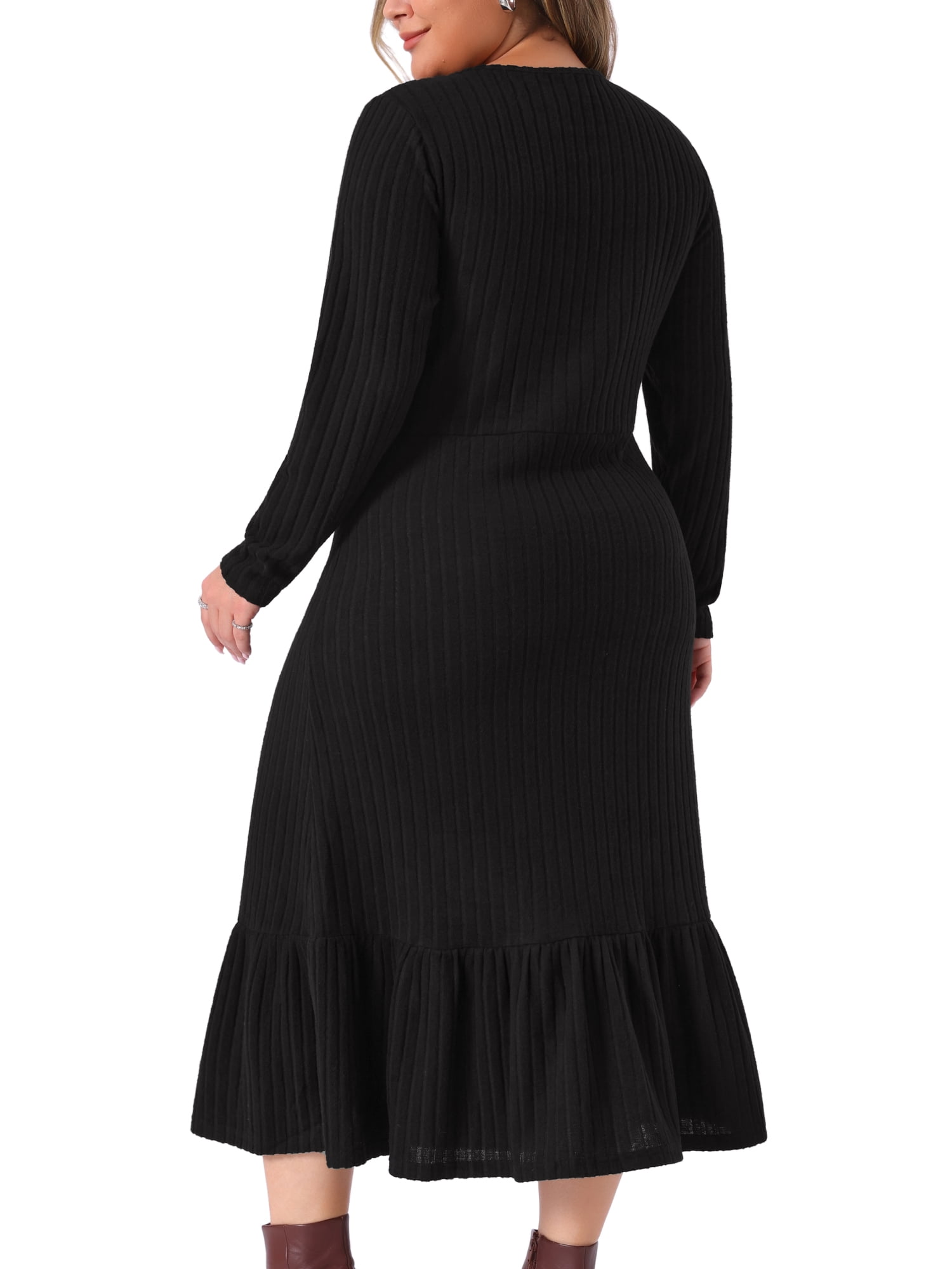 DARING DIVA Women's Plus Size Ribbed Knit Long Sleeve Ruffled Hem Midi Dress 2X Black