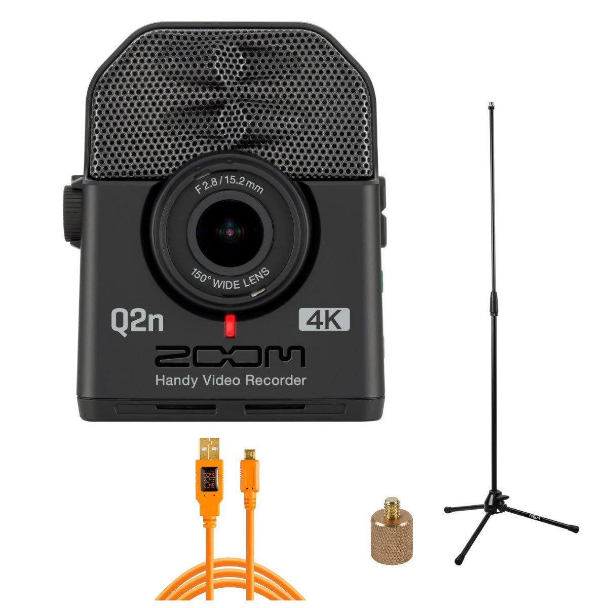 Zoom Q2n-4K Handy Video Recorder - Live Streaming Kit, Includes Tripod Mic Stand + Tether Tools TetherPro 15' USB 2.0 A Male to Micro-B 5 Pin Cable