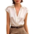 thumbnail image 6 of Only Moment Women's Short Sleeve Tops Short Sleeve V Neck Satin Short Sleeve Dress Shirts Casual Summer Tops Blouses with Pockets Women Summer Tops White,2XL, 6 of 6