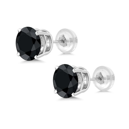 14K White Solid Gold Created Black Round Sapphire 4mm Stud Earrings Plated by Paris Jewelry