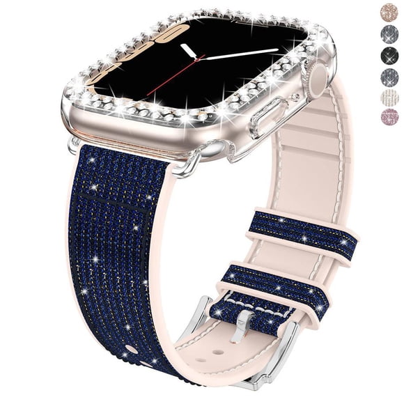 Compatible with Apple Watch Band 41mm with Case Women ,Blingbling Leather and Silicone Band with Diamond Case (without screen protector) for iWatch Series 7