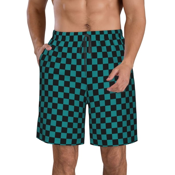 Balery Black And Teal Checkerboard Traje de Baño Estilo Hawaiano para Hombre, Shorts de Secado Rápido con Bolsillos-Small