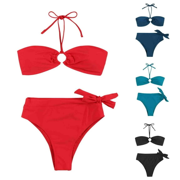 Saving UTSJKR Women's Halter Bikini Set Bandeau Bikini O Ring Tie Back High Cut Two Piece Swimsuit Bathing Suits Black 8