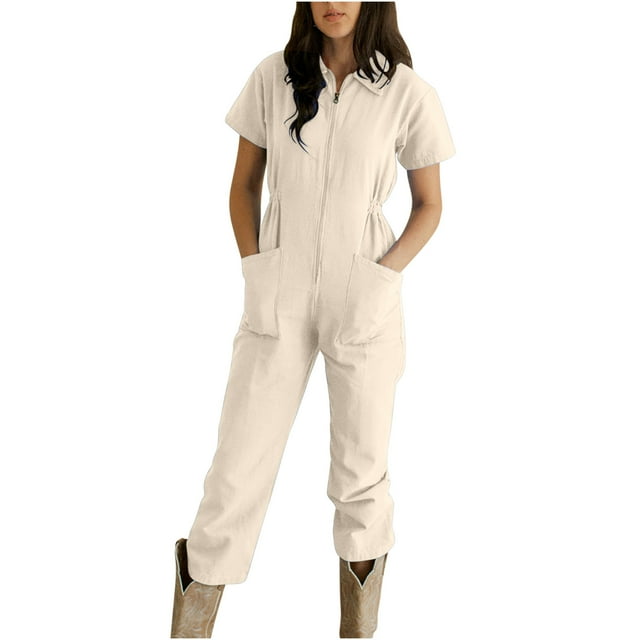 LSLJS Combinaison Décontractée pour Femmes, Taille Plissée, Fermeture Éclair, Col à Revers