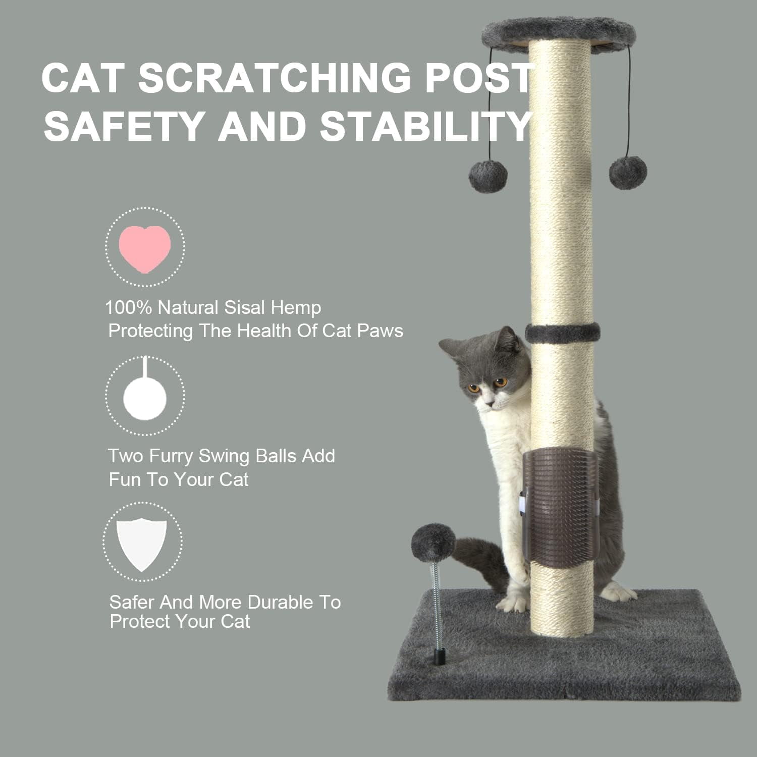 32" Tall Cat Scratching Post Sisal Scratch Posts with Hanging Ball and Self-Massage Brush Vertical Scratcher for Indoor Cats and Kittens(Light-Gray 32inches)