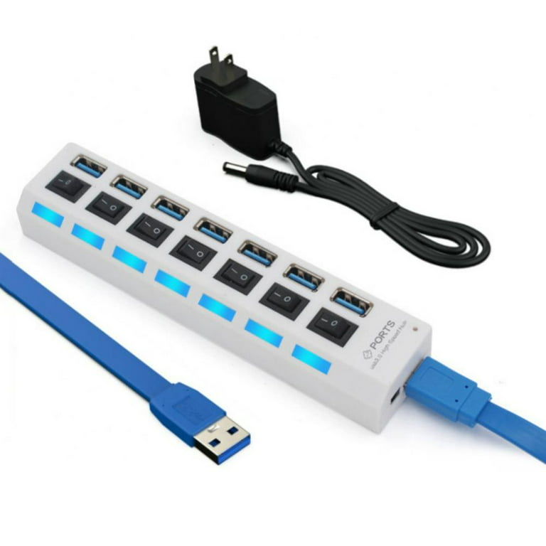7 Port USB 2.0 High Speed Multiport USB Hub with Individual Switches and  LEDs