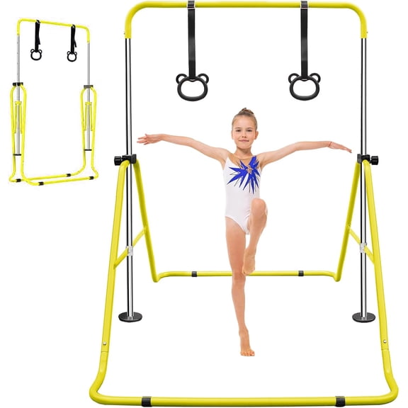 Gymnastics Bars for Kids with Rings, Junior Kip Training Bars Equipment for Home, Folding Height Adjustable Horizontal Bars