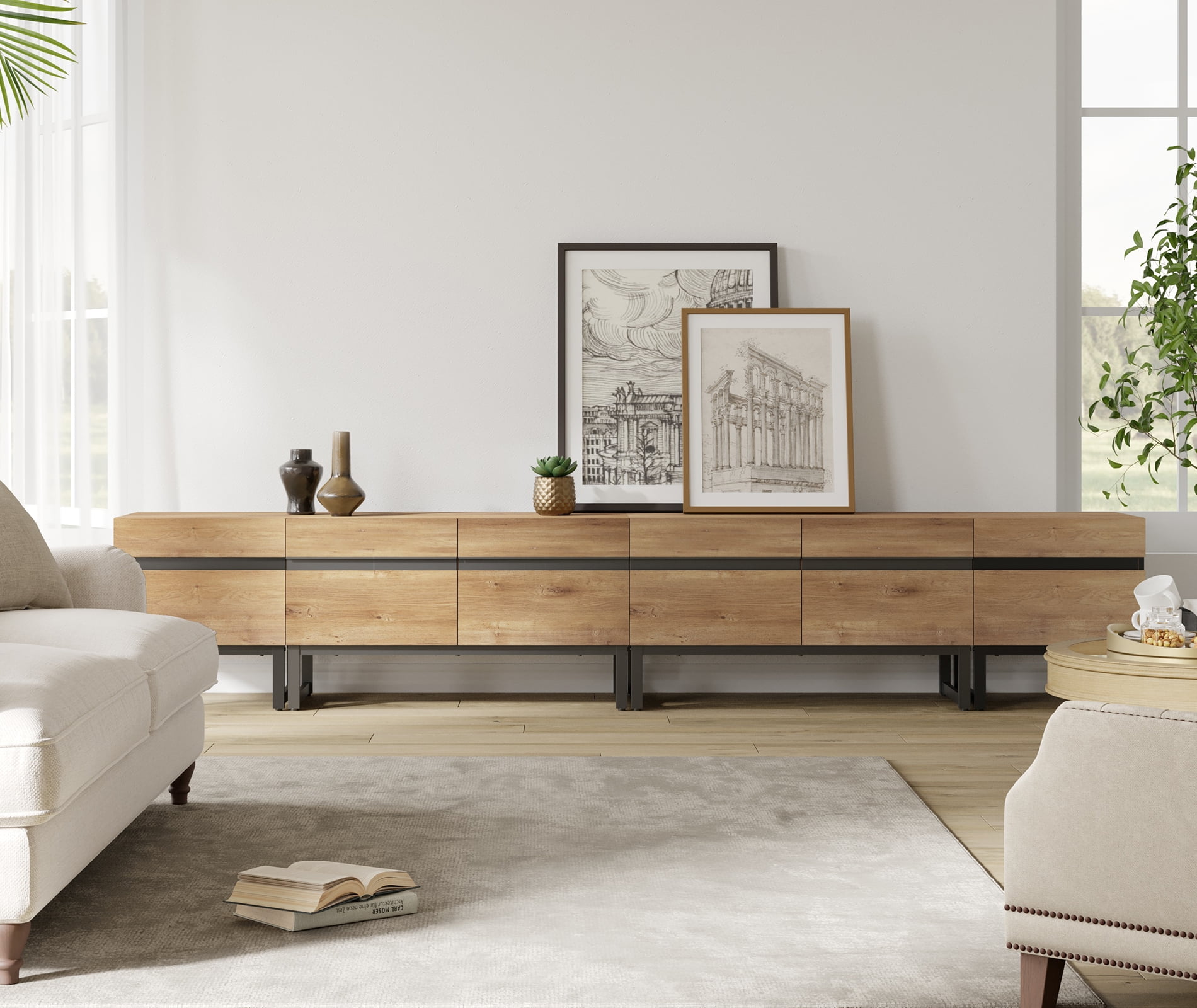 WAMPAT Modern TV Stand, 4-in-1 Entertainment Center with Storage Cabinets & Metal Base, 106" Oak, Fits TVs Up to 110"